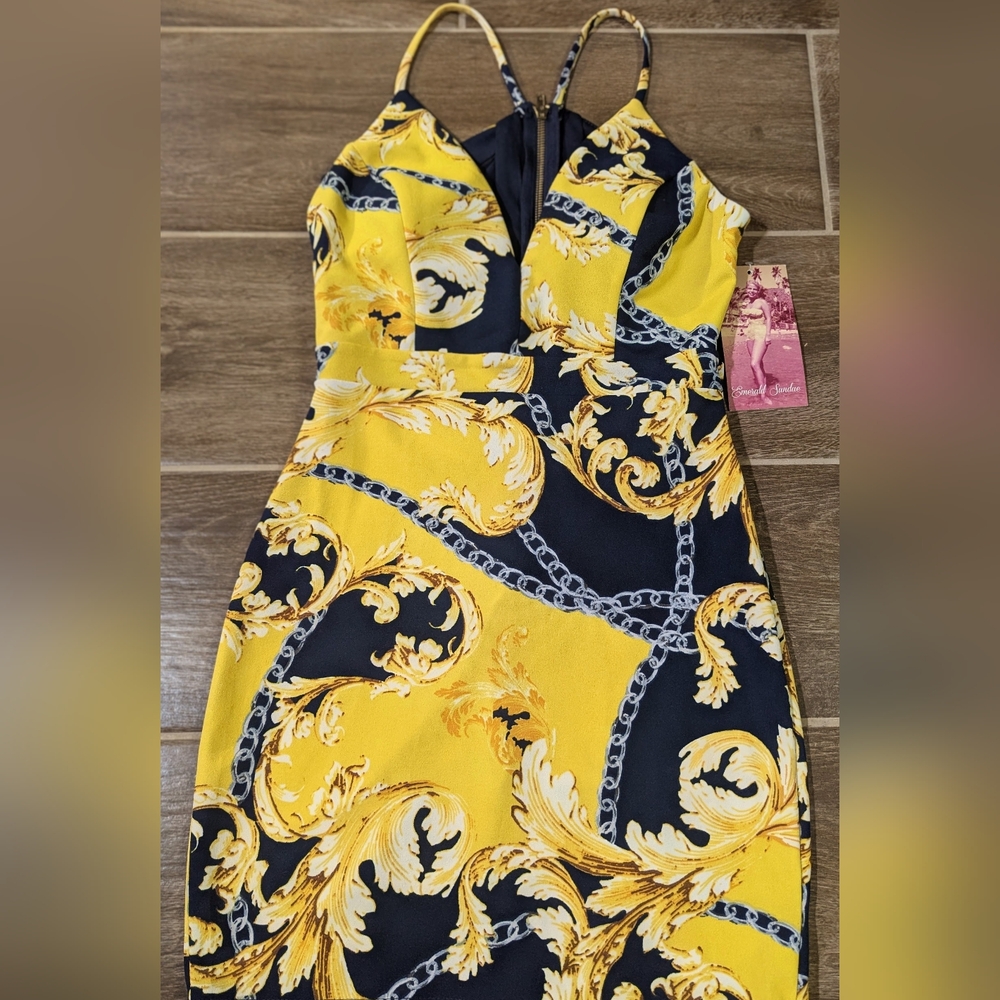 Emerald Sundae Yellow and Navy Baroque Mini Dress